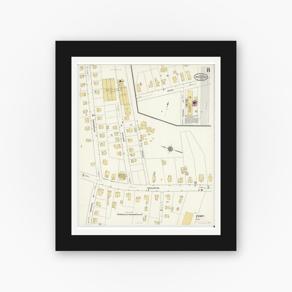 Old map wall art mockup — black gallery frame with white mat — Sanborn Fire Insurance Map from Braintree, Norfolk County, Massachusetts (1911), Sheet #0008