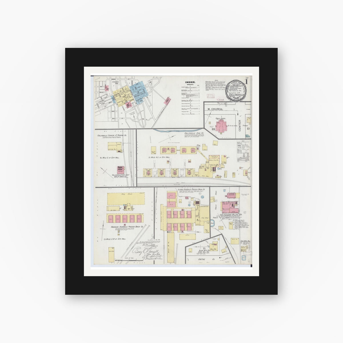 Old map wall art mockup — black gallery frame with white mat — Sanborn Fire Insurance Map from Collinsville, Madison County, Illinois (1893), Sheet #0001