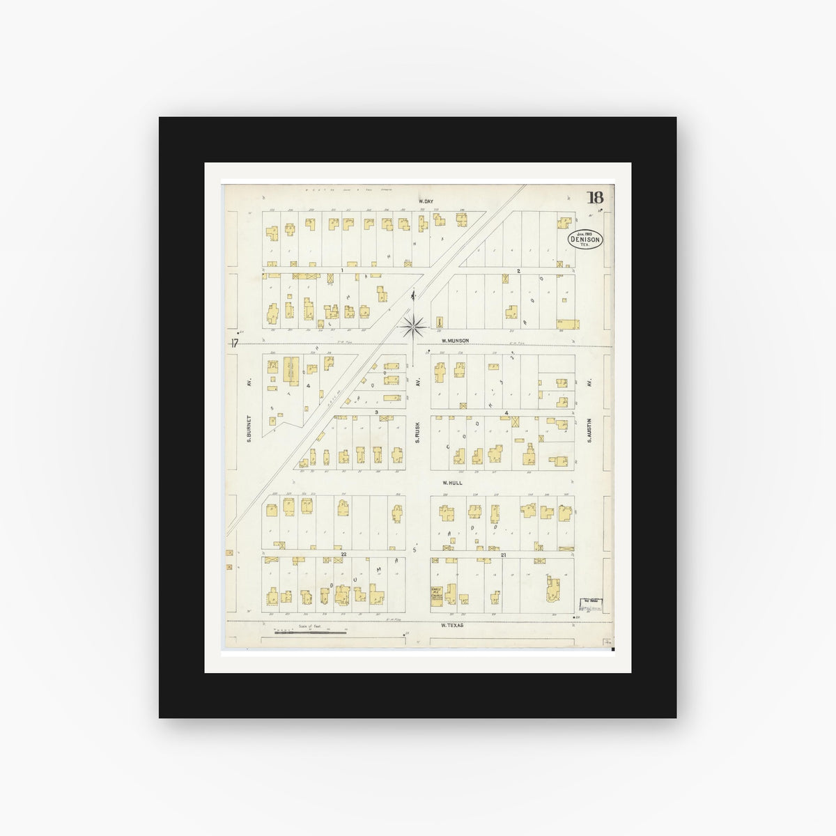 Old map wall art mockup — black gallery frame with white mat — Sanborn Fire Insurance Map from Denison, Grayson County, Texas (1903), Sheet #0018