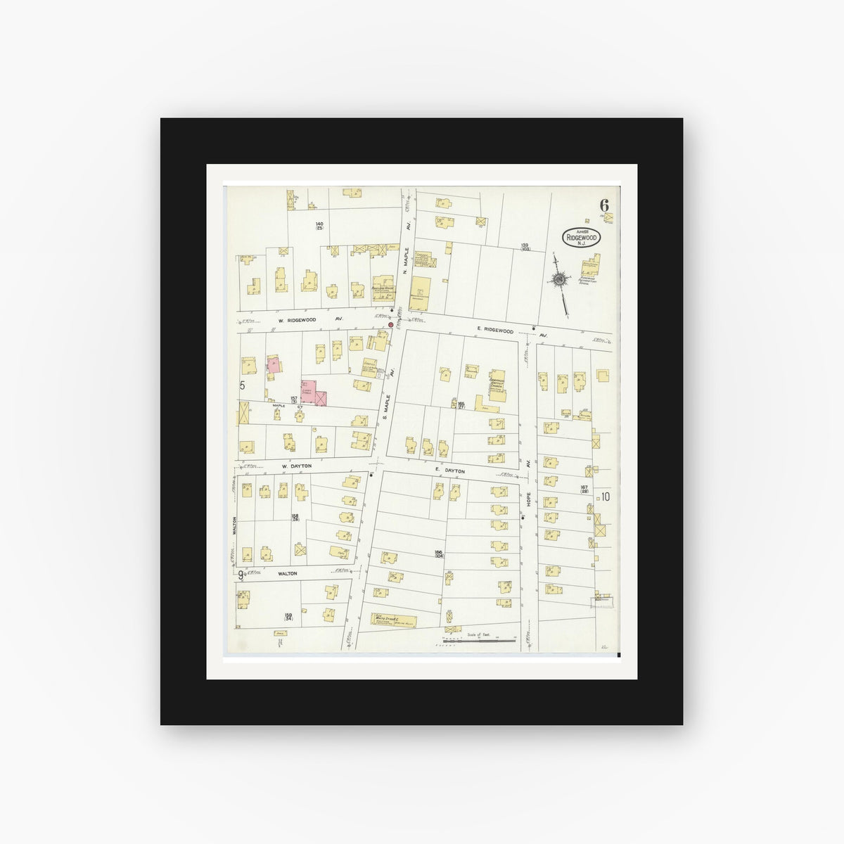 Old map wall art mockup — black gallery frame with white mat — Sanborn Fire Insurance Map from Ridgewood, Bergen County, New Jersey (1911), Sheet #0006