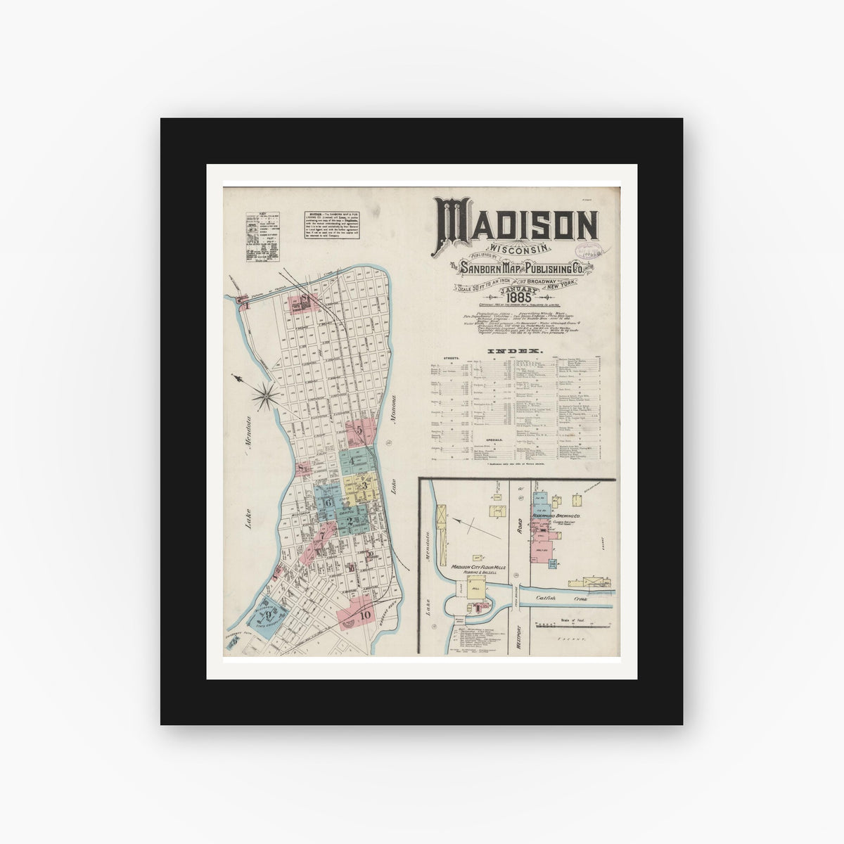 Old map wall art mockup — black gallery frame with white mat — Sanborn Fire Insurance Map from Madison, Dane County, Wisconsin (1885) - Complete Map Set