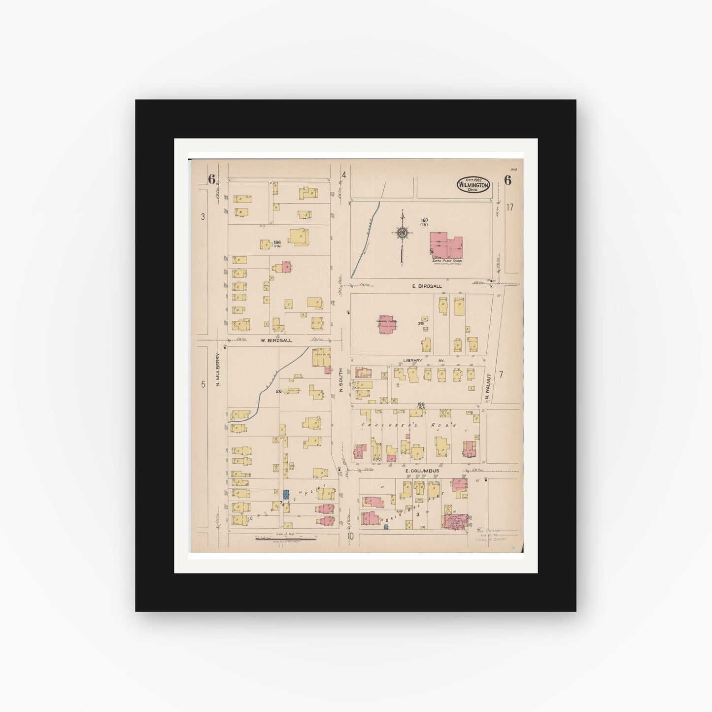 Old map wall art mockup — black gallery frame with white mat — Sanborn Fire Insurance Map from Wilmington, Clinton County, Ohio (1922), Sheet #0006