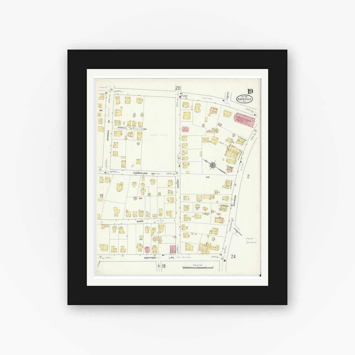 Old map wall art mockup — black gallery frame with white mat — Sanborn Fire Insurance Map from Asheville, Buncombe County, North Carolina (1913), Sheet #0019