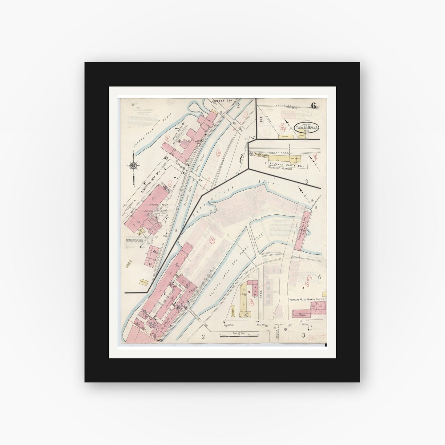 Old map wall art mockup — black gallery frame with white mat — Sanborn Fire Insurance Map from Turners Falls, Franklin County, Massachusetts (1940), Sheet #0006