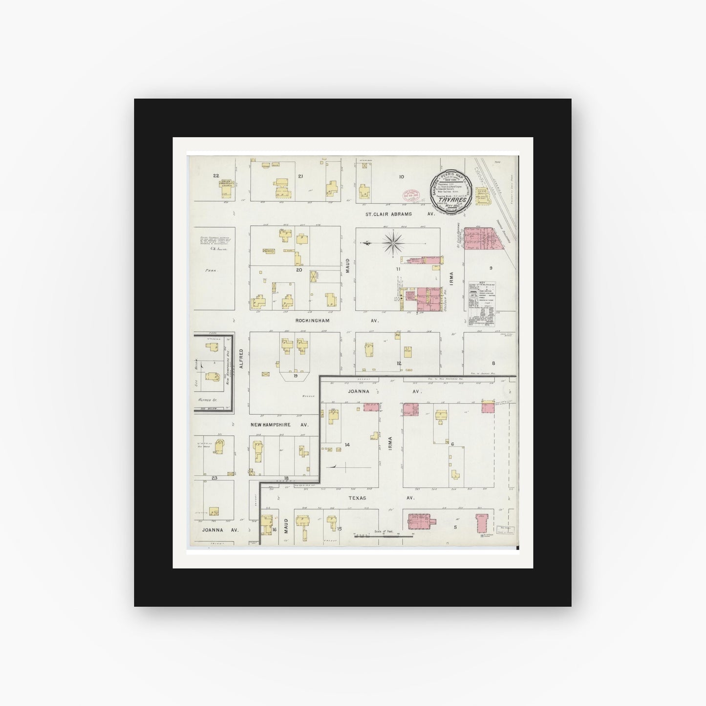 Old map wall art mockup — black gallery frame with white mat — Sanborn Fire Insurance Map from Tavares, Lake County, Florida (1895), Sheet #0001