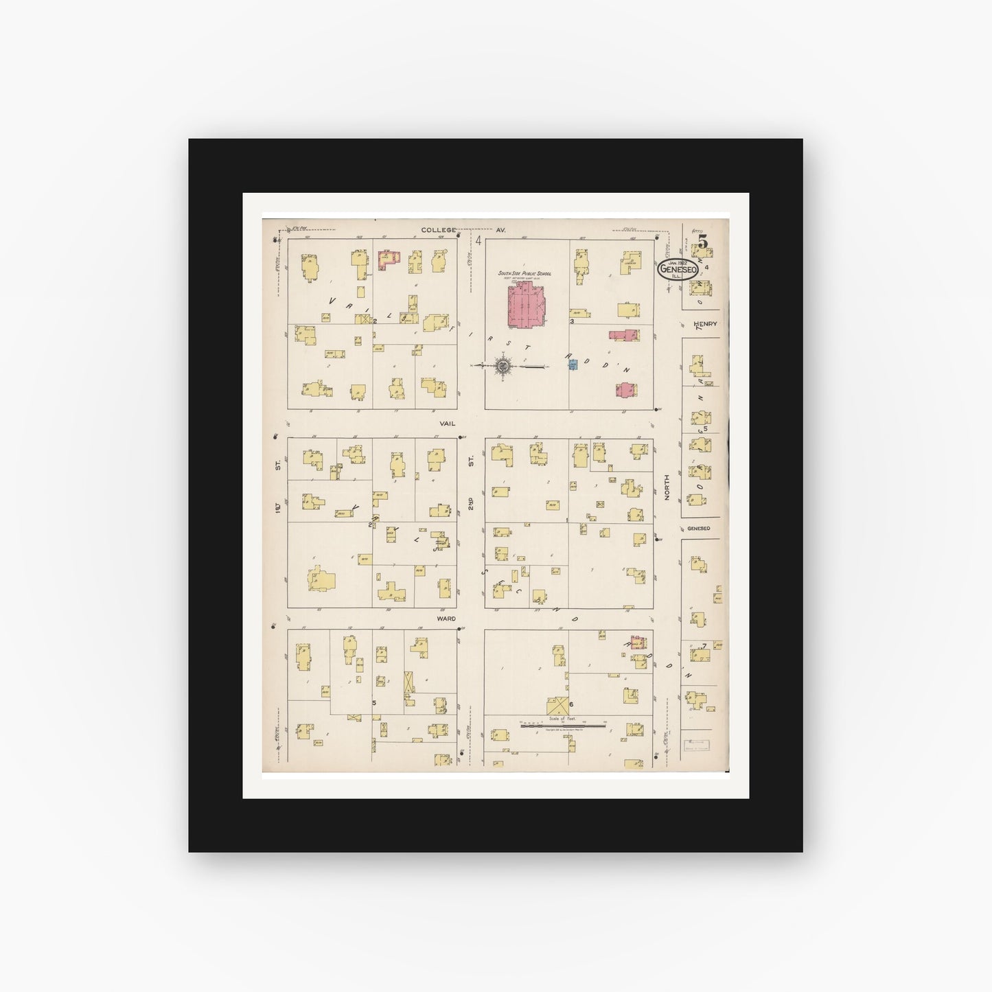 Old map wall art mockup — black gallery frame with white mat — Sanborn Fire Insurance Map from Geneseo, Henry County, Illinois (1922), Sheet #0005