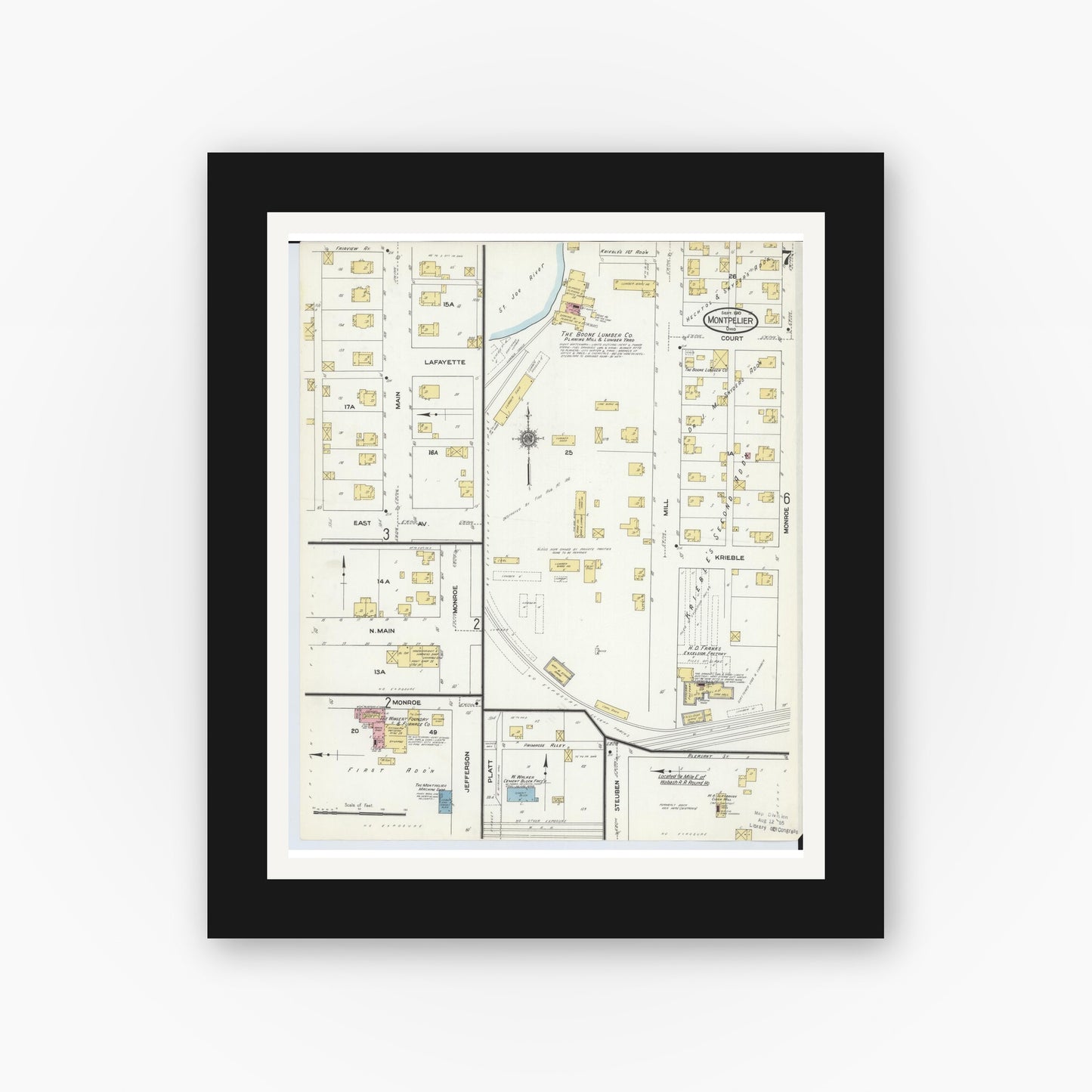 Old map wall art mockup — black gallery frame with white mat — Sanborn Fire Insurance Map from Montpelier, Williams County, Ohio (1910), Sheet #0007