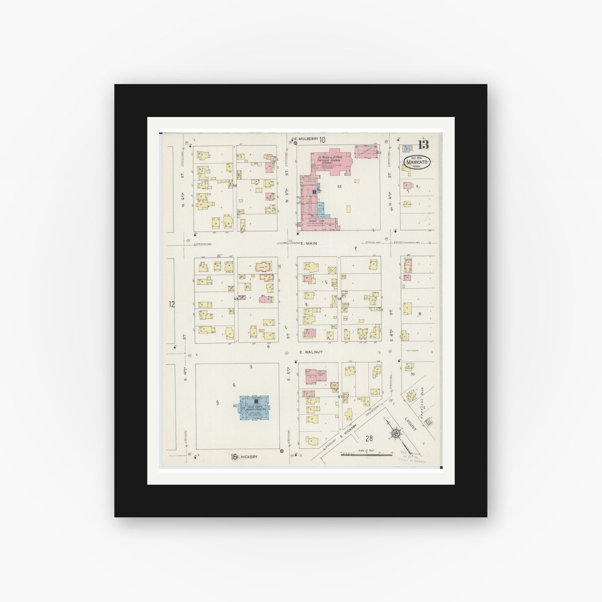 Old map wall art mockup — black gallery frame with white mat — Sanborn Fire Insurance Map from Mankato, Blue Earth County, Minnesota (1914), Sheet #0013