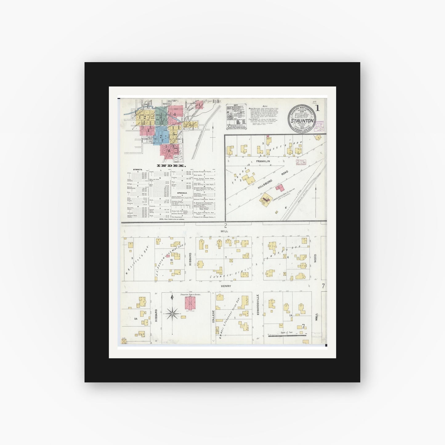 Old map wall art mockup — black gallery frame with white mat — Sanborn Fire Insurance Map from Staunton, Macoupin County, Illinois (1906) - Complete Map Set
