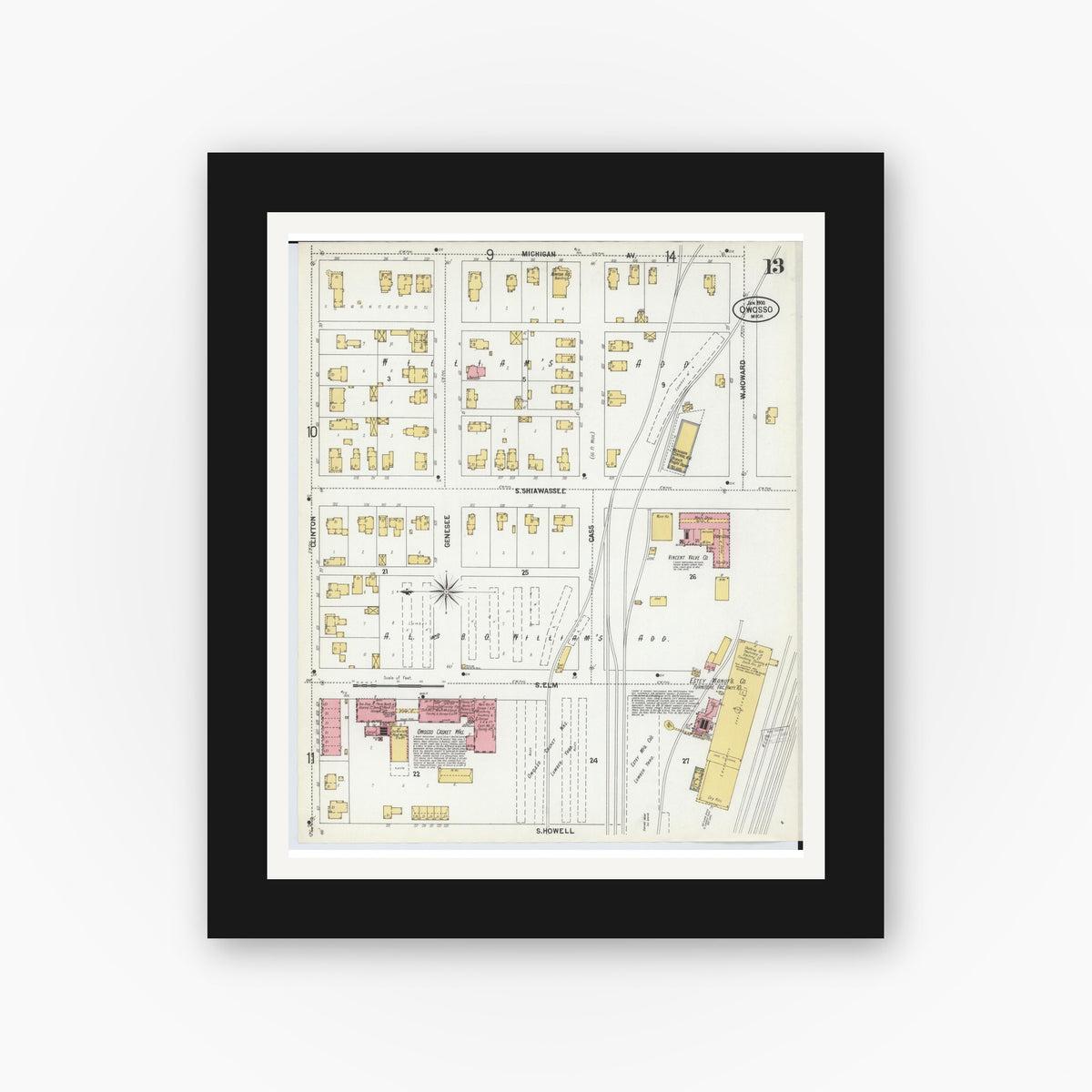 Old map wall art mockup β black gallery frame with white mat β Sanborn Fire Insurance Map from Owosso, Shiawassee County, Michigan (1900), Sheet #0013
