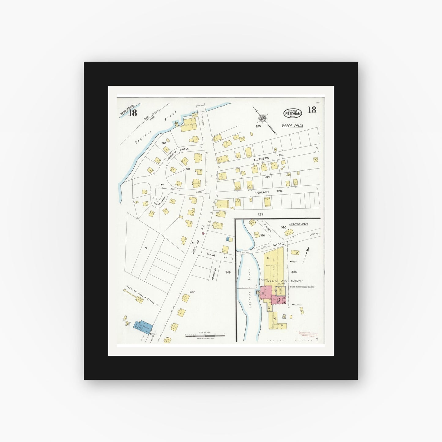 Old map wall art mockup — black gallery frame with white mat — Sanborn Fire Insurance Map from Needham, Norfolk County, Massachusetts (1926), Sheet #0018