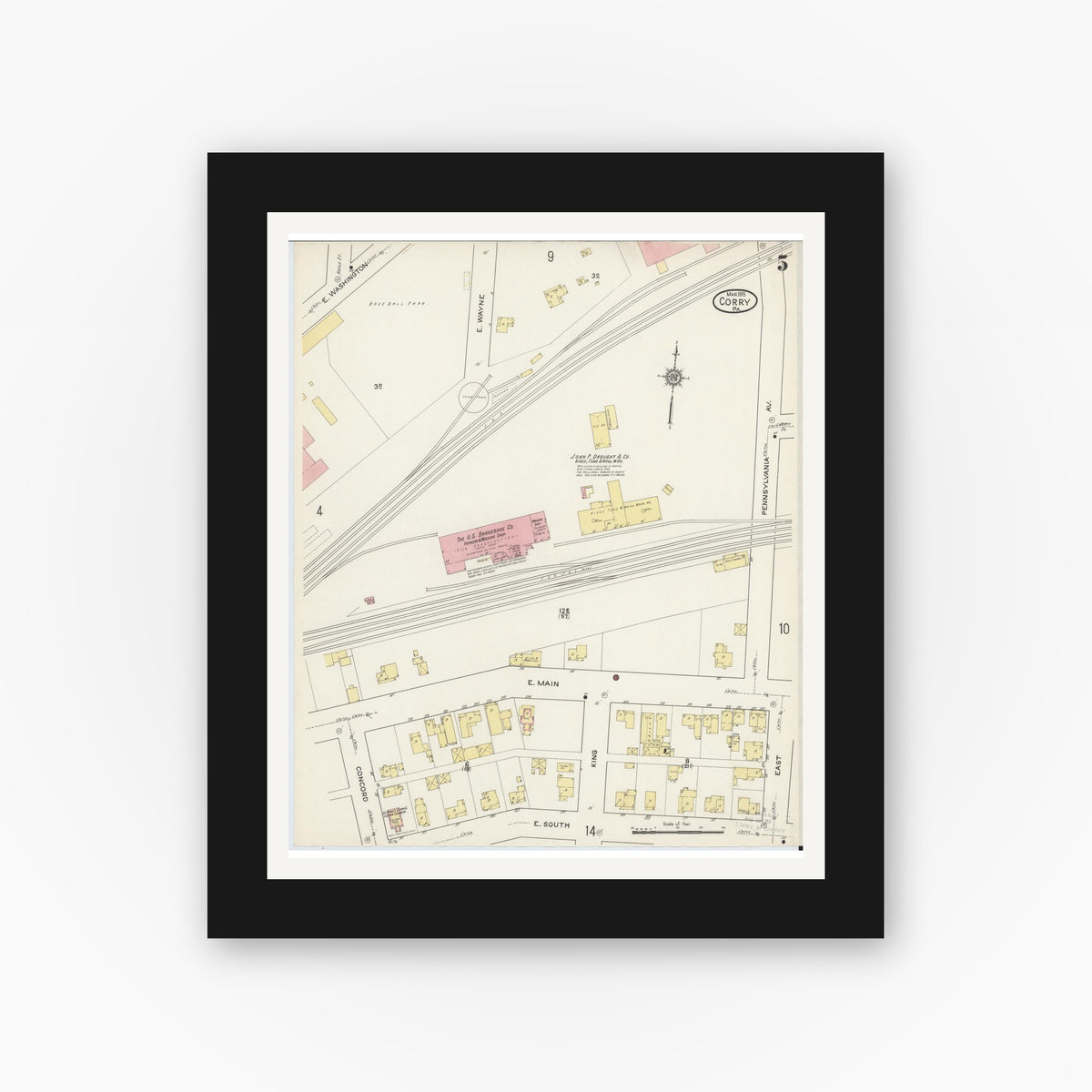 Old map wall art mockup — black gallery frame with white mat — Sanborn Fire Insurance Map from Corry, Erie County, Pennsylvania (1915), Sheet #0005
