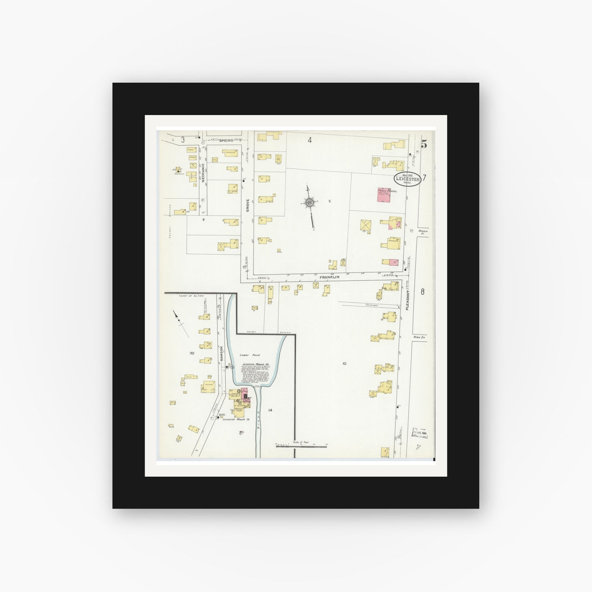 Old map wall art mockup — black gallery frame with white mat — Sanborn Fire Insurance Map from Leicester, Worcester County, Massachusetts (1910), Sheet #0005