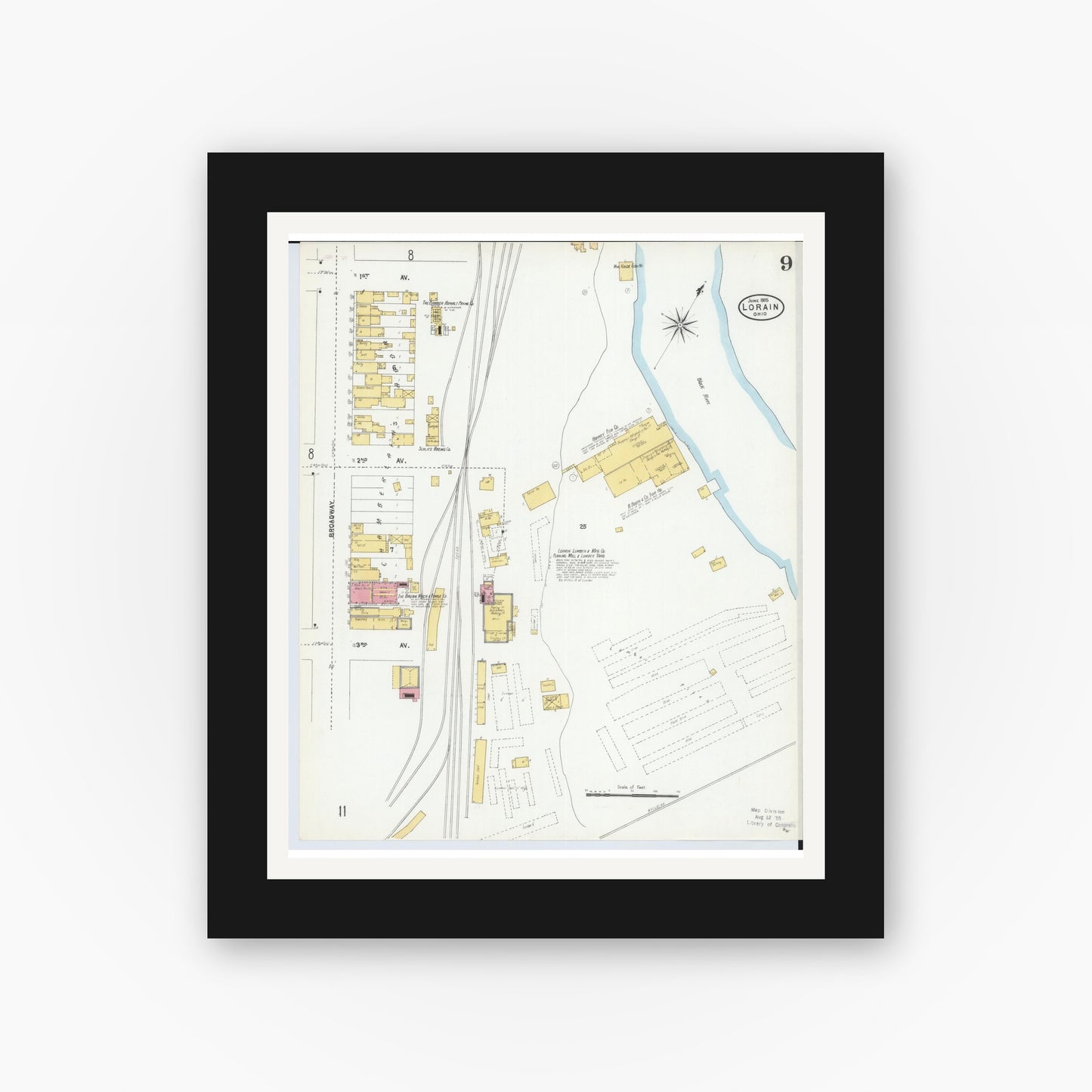 Old map wall art mockup — black gallery frame with white mat — Sanborn Fire Insurance Map from Lorain, Lorain County, Ohio (1905), Sheet #0009