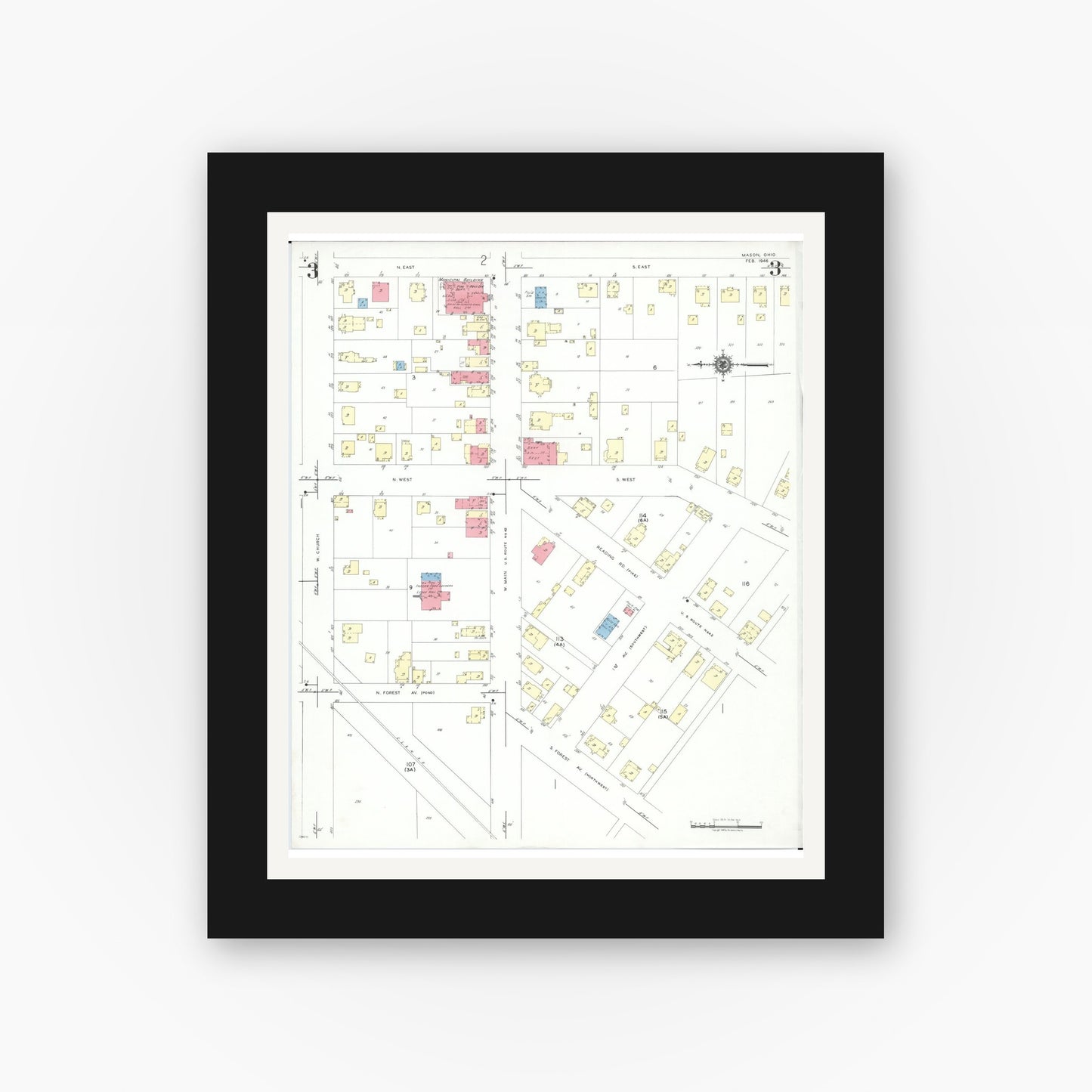 Old map wall art mockup — black gallery frame with white mat — Sanborn Fire Insurance Map from Mason, Warren County, Ohio (1946), Sheet #0003