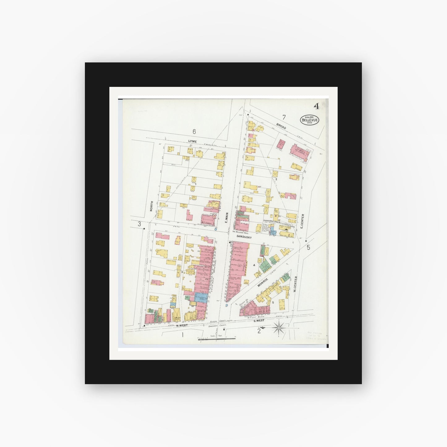 Old map wall art mockup — black gallery frame with white mat — Sanborn Fire Insurance Map from Bellevue, Huron And Sandusky County, Ohio (1899), Sheet #0004
