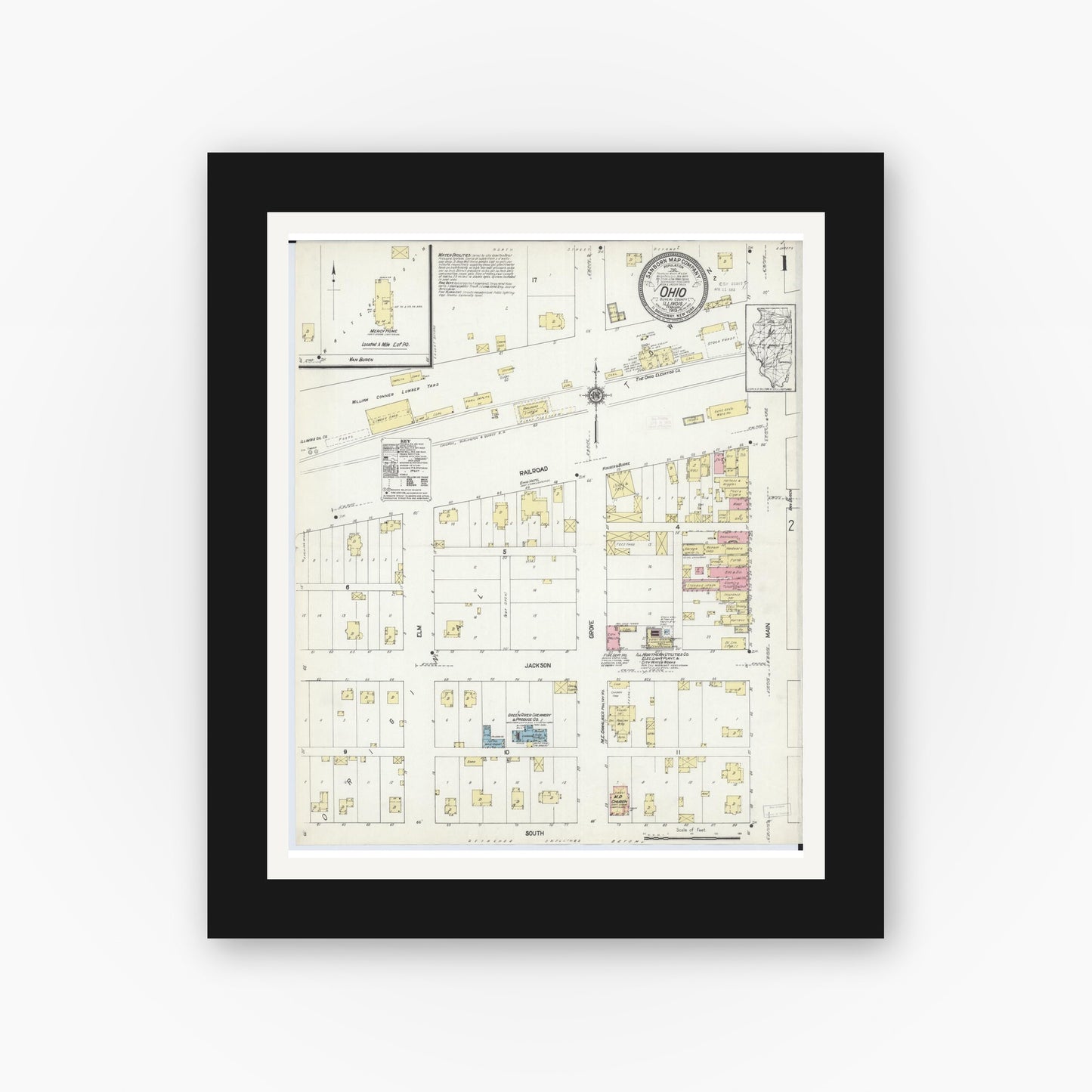 Old map wall art mockup — black gallery frame with white mat — Sanborn Fire Insurance Map from Ohio, Bureau County, Illinois (1913) - Complete Map Set