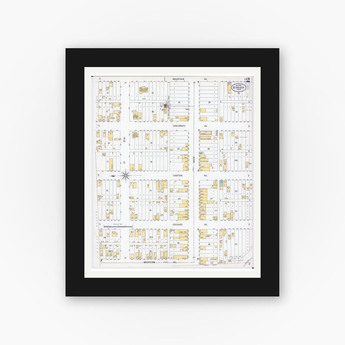 Old map wall art mockup — black gallery frame with white mat — Sanborn Fire Insurance Map from Biwabik, Saint Louis County, Minnesota (1900), Sheet #0002