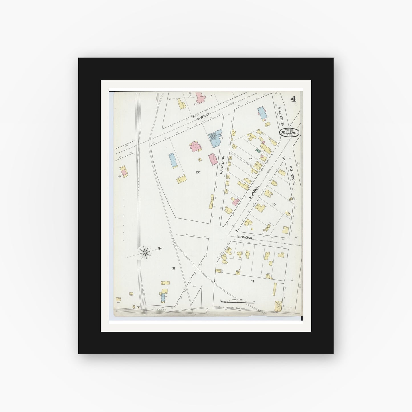 Old map wall art mockup — black gallery frame with white mat — Sanborn Fire Insurance Map from Bellevue, Huron And Sandusky County, Ohio (1893), Sheet #0004