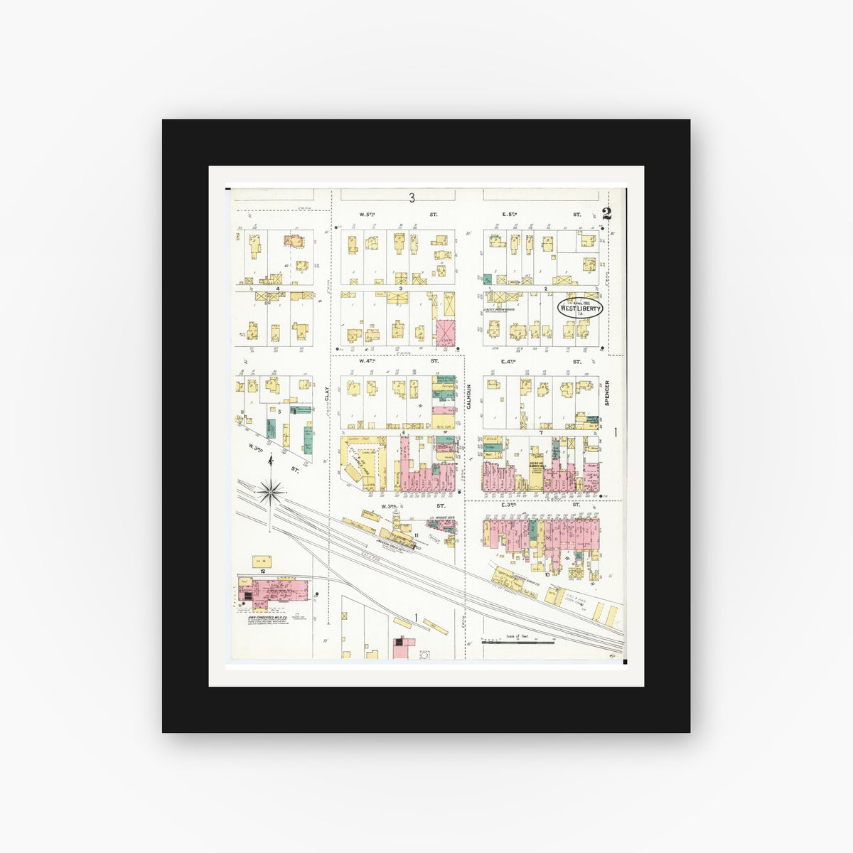 Old map wall art mockup — black gallery frame with white mat — Sanborn Fire Insurance Map from West Liberty, Muscatine County, Iowa (1906), Sheet #0002