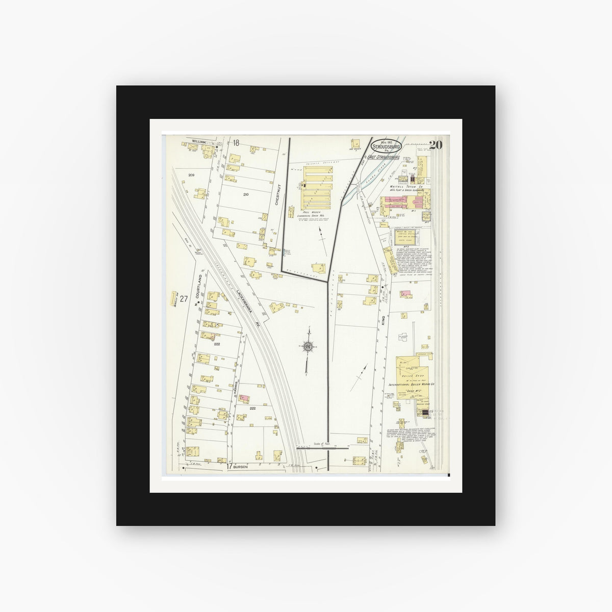 Old map wall art mockup β black gallery frame with white mat β Sanborn Fire Insurance Map from Stroudsburg, Monroe County, Pennsylvania (1912), Sheet #0020