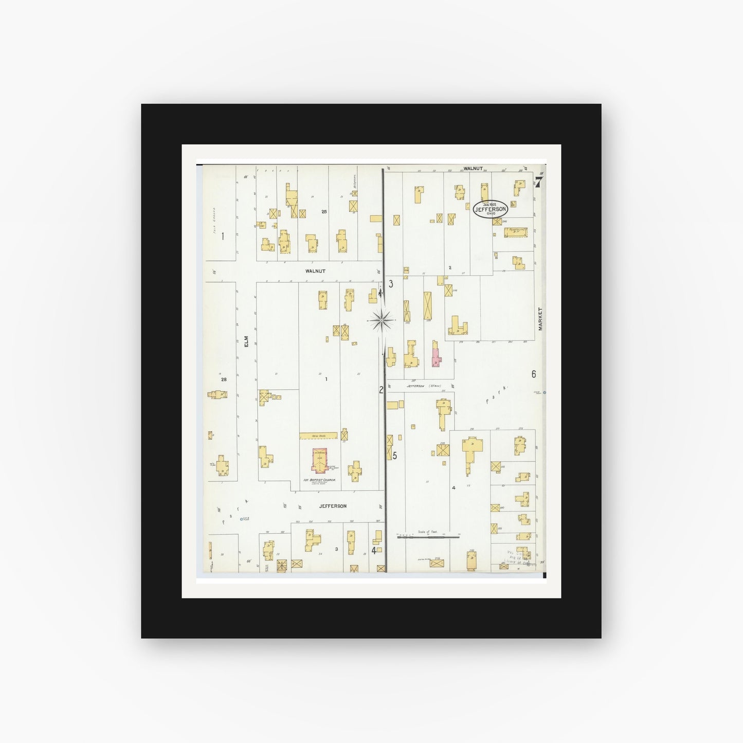Old map wall art mockup — black gallery frame with white mat — Sanborn Fire Insurance Map from Jefferson, Ashtabula County, Ohio (1902), Sheet #0007