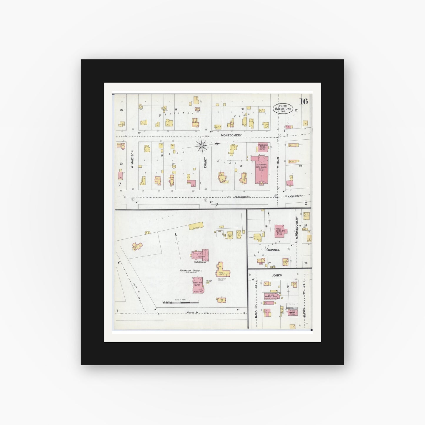 Old map wall art mockup — black gallery frame with white mat — Sanborn Fire Insurance Map from Watertown, Jefferson County, Wisconsin (1901), Sheet #0016