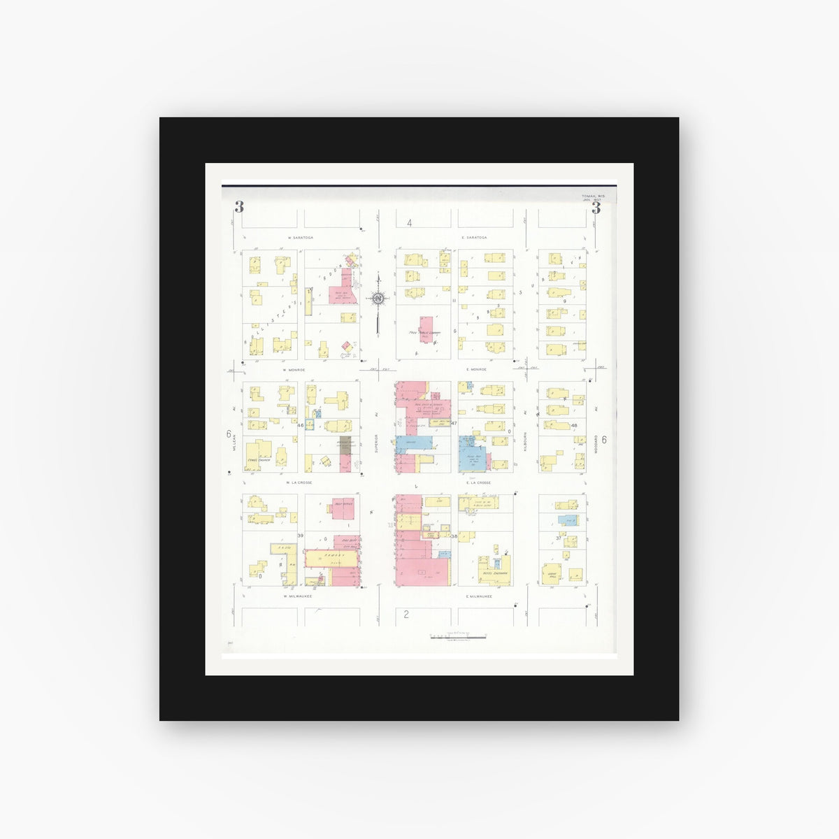 Old map wall art mockup — black gallery frame with white mat — Sanborn Fire Insurance Map from Tomah, Monroe County, Wisconsin (1937), Sheet #0003