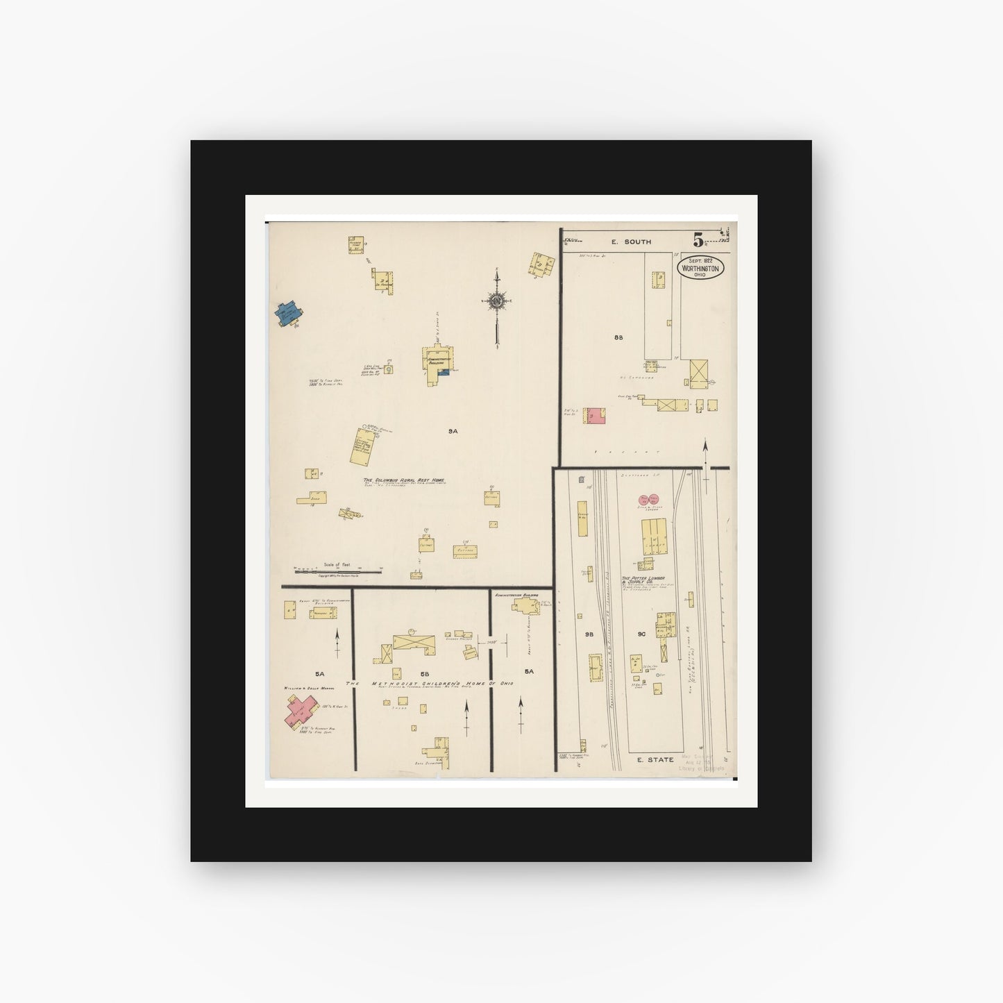Old map wall art mockup — black gallery frame with white mat — Sanborn Fire Insurance Map from Worthington, Franklin County, Ohio (1922), Sheet #0005