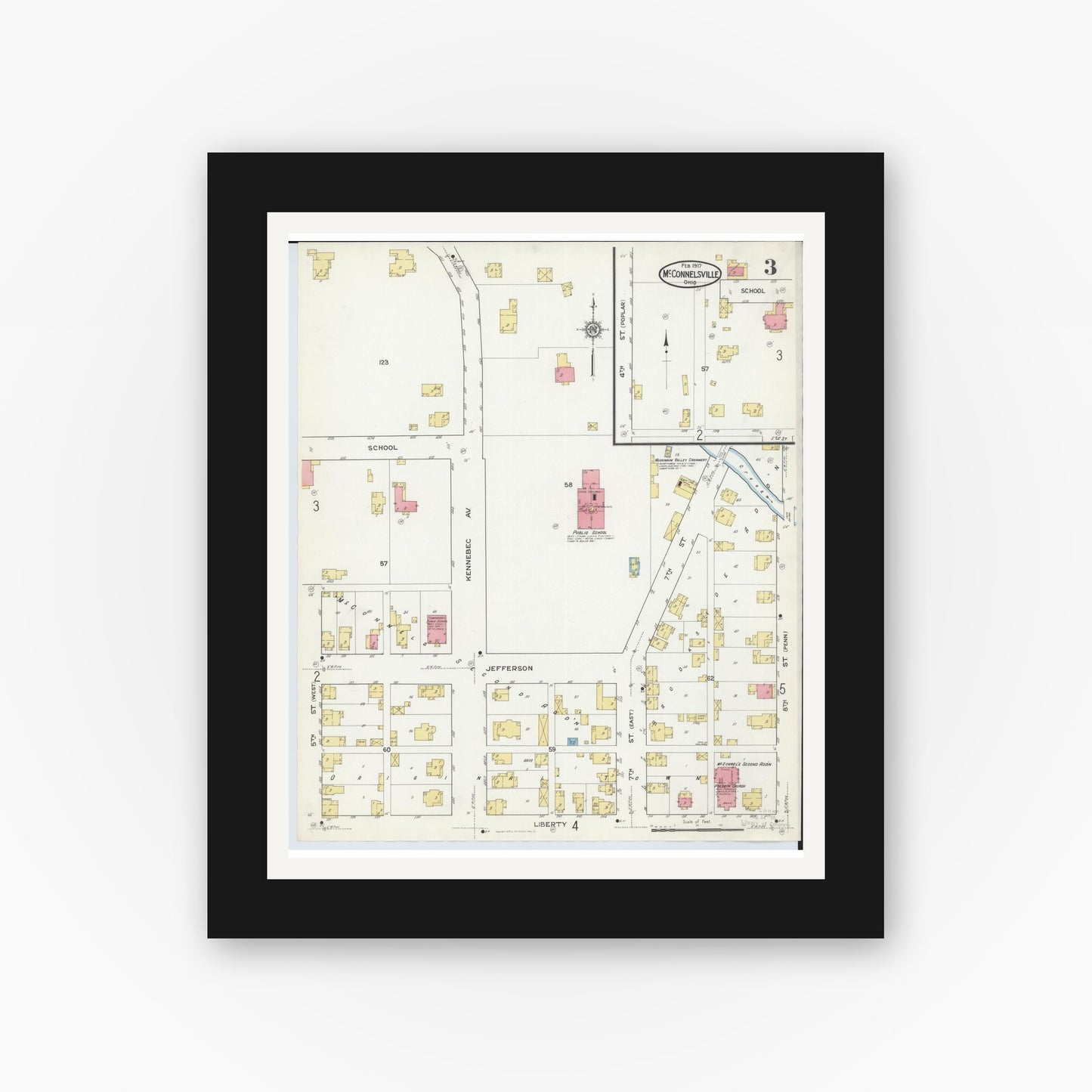 Old map wall art mockup — black gallery frame with white mat — Sanborn Fire Insurance Map from McConnelsville, Morgan County, Ohio (1917), Sheet #0003