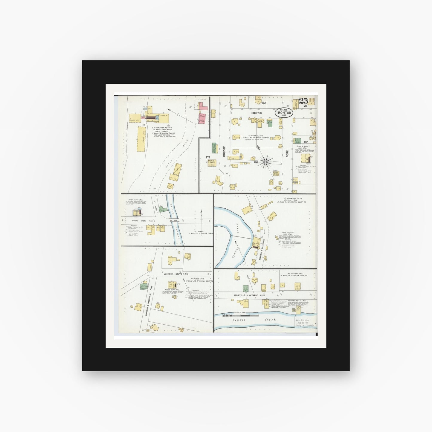 Old map wall art mockup — black gallery frame with white mat — Sanborn Fire Insurance Map from Ironton, Lawrence County, Ohio (1900), Sheet #0025