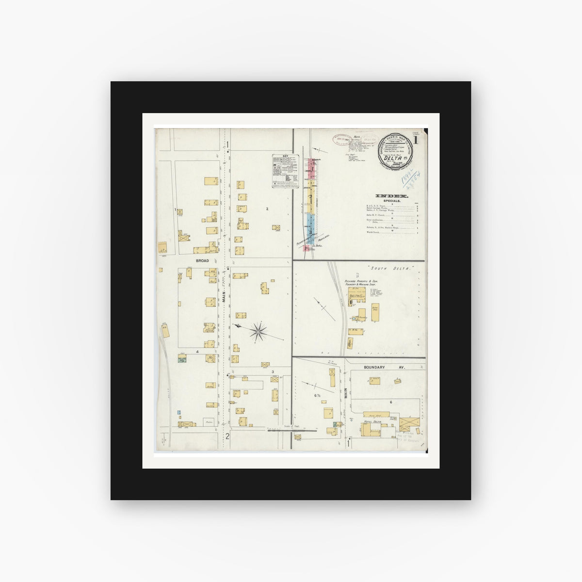 Old map wall art mockup — black gallery frame with white mat — Sanborn Fire Insurance Map from Delta, York County, Pennsylvania (1899), Sheet #0001