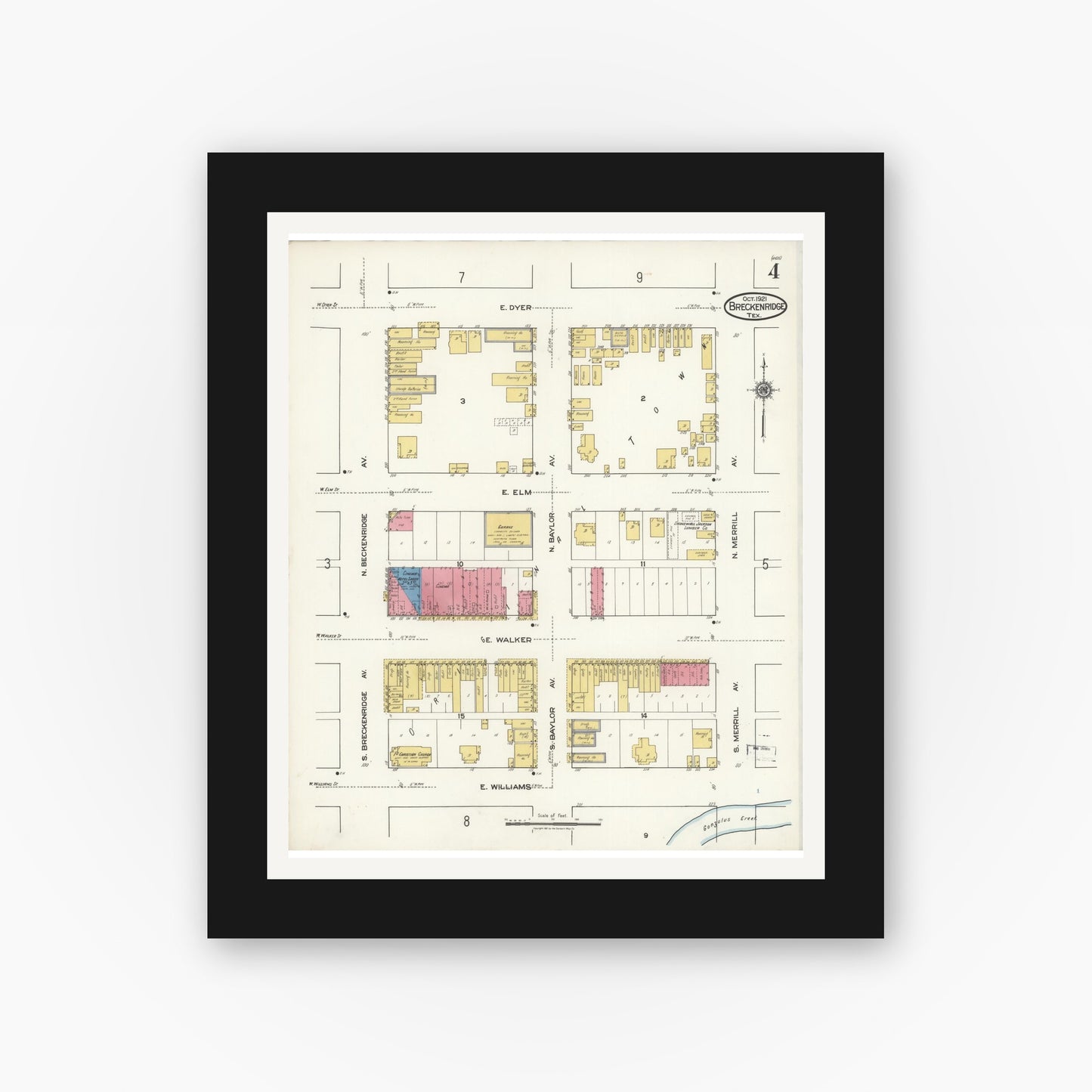 Old map wall art mockup — black gallery frame with white mat — Sanborn Fire Insurance Map from Breckenridge, Stephens County, Texas (1921), Sheet #0004