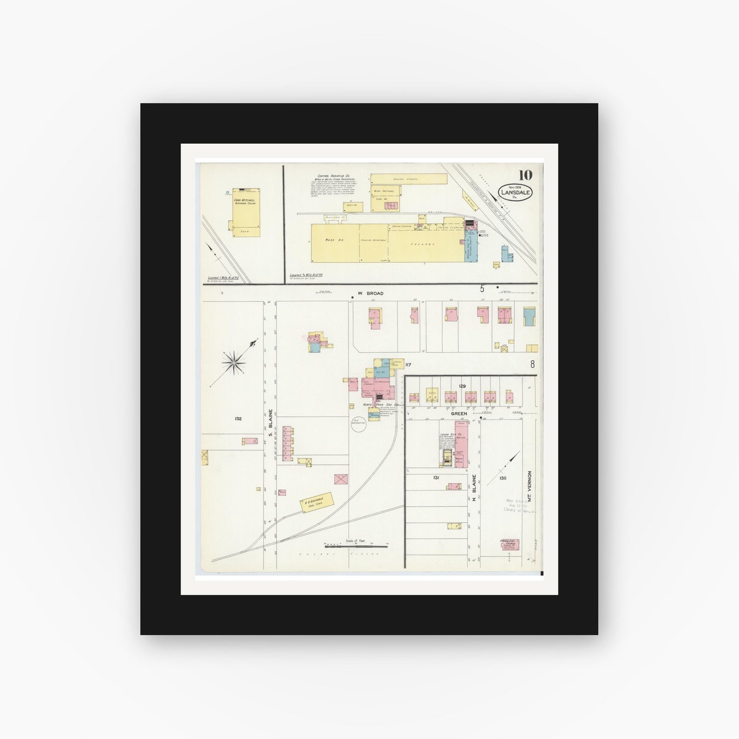 Old map wall art mockup — black gallery frame with white mat — Sanborn Fire Insurance Map from Lansdale, Montgomery County, Pennsylvania (1912), Sheet #0010