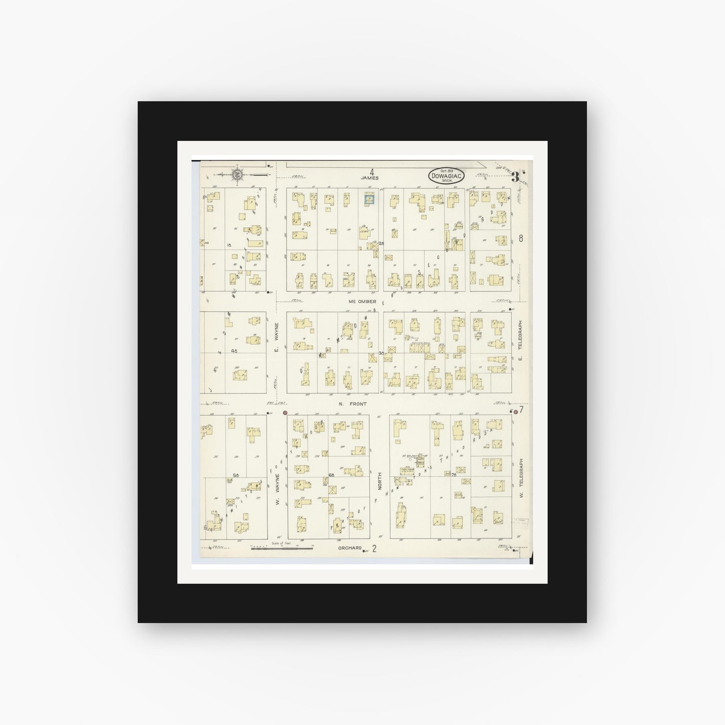 Old map wall art mockup — black gallery frame with white mat — Sanborn Fire Insurance Map from Dowagiac, Cass County, Michigan (1913), Sheet #0003