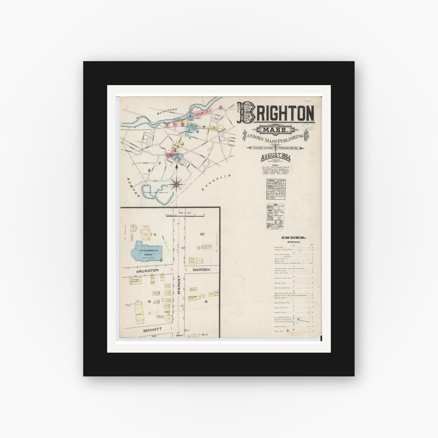 Old map wall art mockup — black gallery frame with white mat — Sanborn Fire Insurance Map from Brighton, Suffolk County, Massachusetts (1884) - Complete Map Set