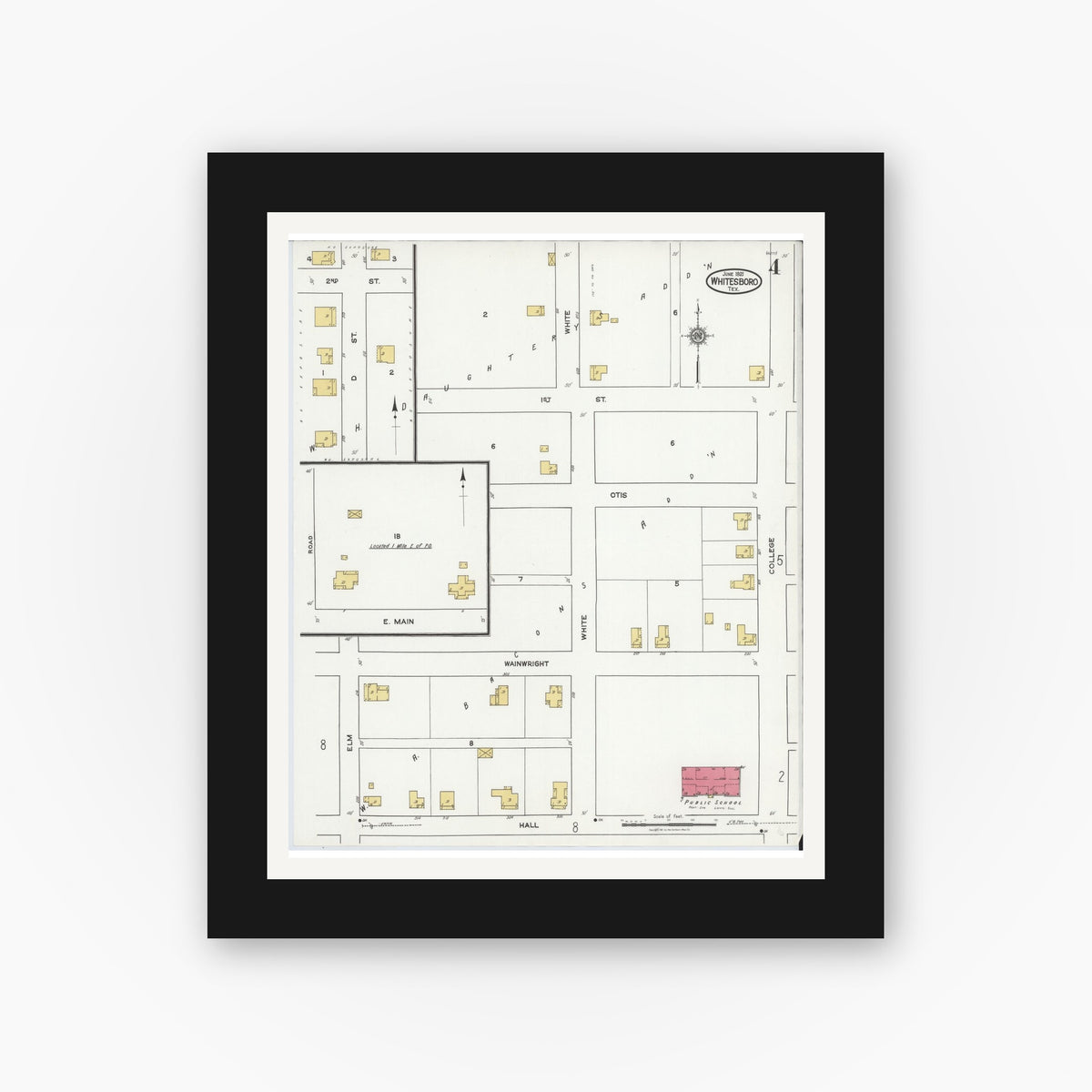 Old map wall art mockup — black gallery frame with white mat — Sanborn Fire Insurance Map from Whitesboro, Grayson County, Texas (1921), Sheet #0004