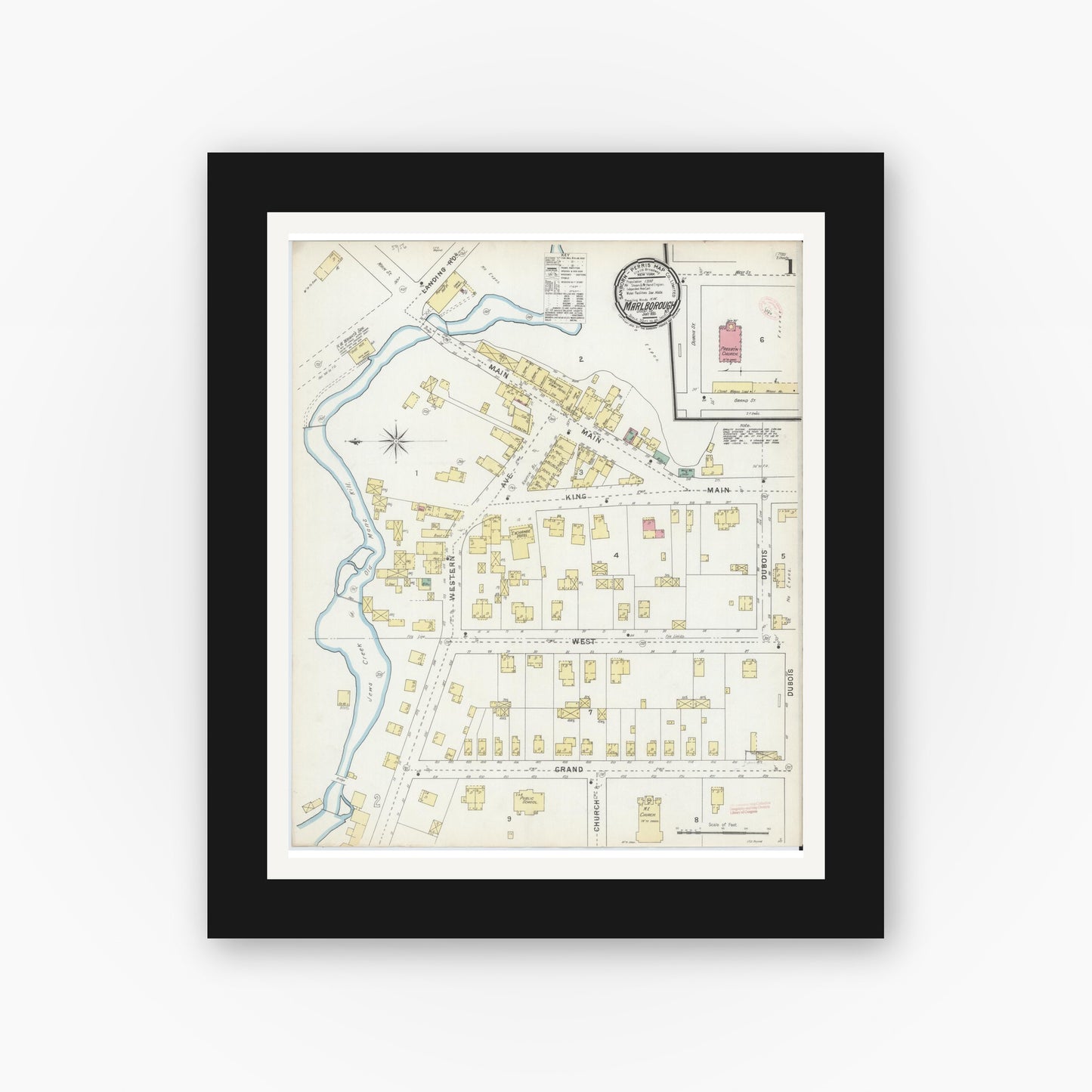 Old map wall art mockup — black gallery frame with white mat — Sanborn Fire Insurance Map from Marlborough, Ulster County, New York (1895), Sheet #0001