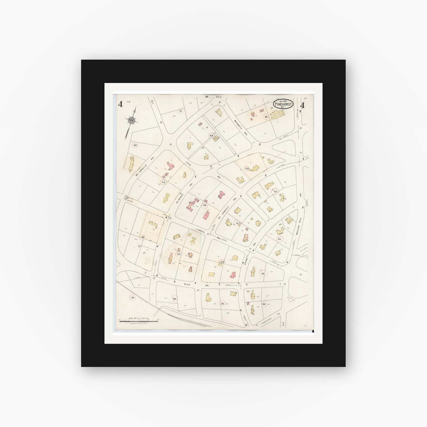 Old map wall art mockup — black gallery frame with white mat — Sanborn Fire Insurance Map from Pinehurst, Moore County, North Carolina (1939), Sheet #0004