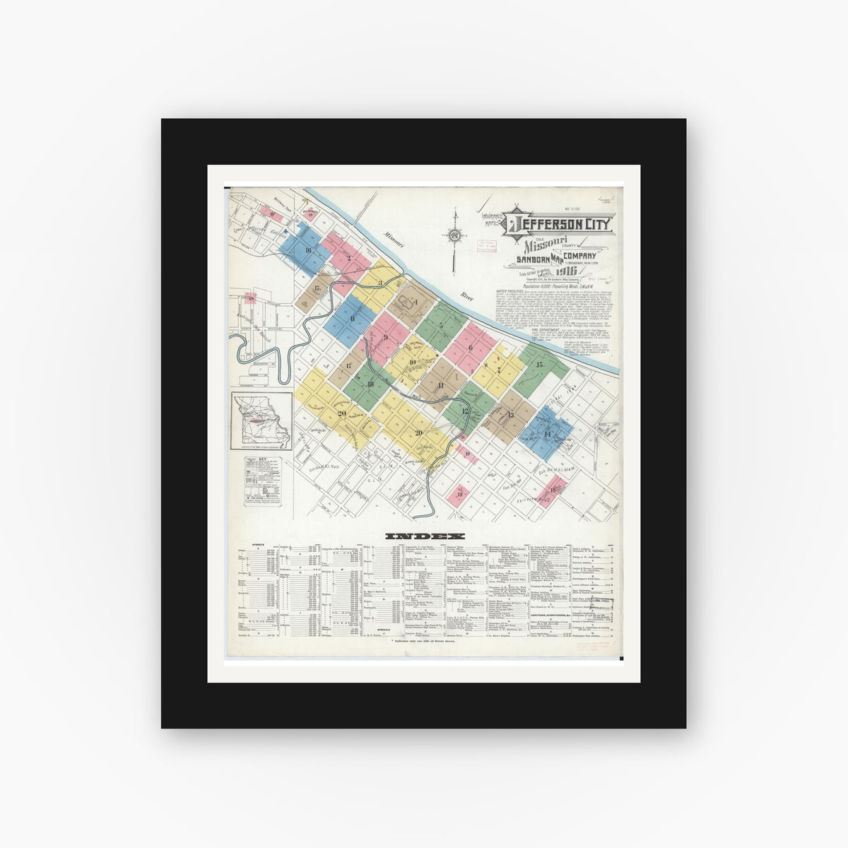 Old map wall art mockup — black gallery frame with white mat — Sanborn Fire Insurance Map from Jefferson City, Cole County, Missouri (1916) - Complete Map Set