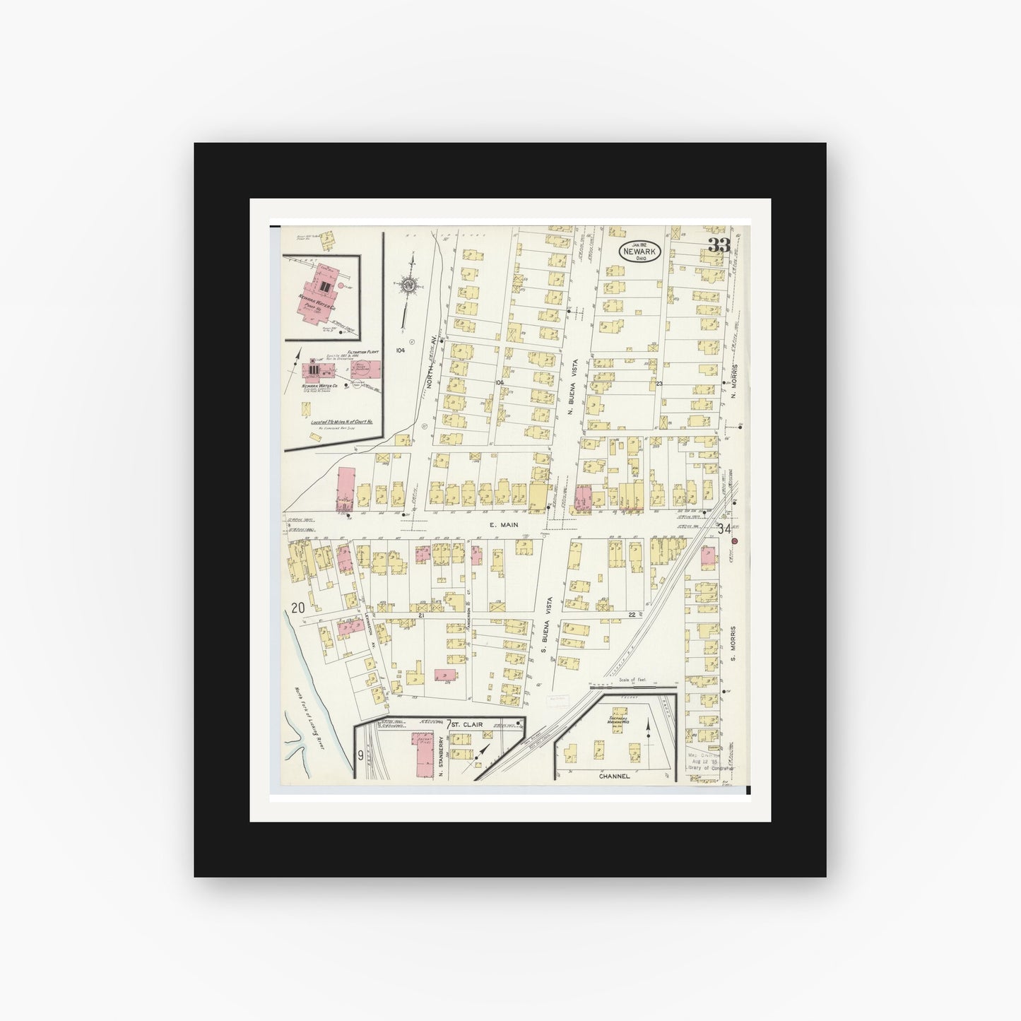 Old map wall art mockup — black gallery frame with white mat — Sanborn Fire Insurance Map from Newark, Licking County, Ohio (1912), Sheet #0033