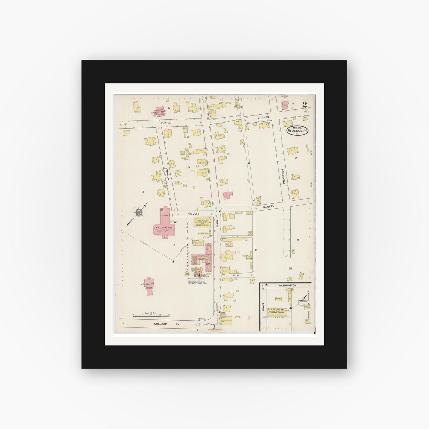 Old map wall art mockup — black gallery frame with white mat — Sanborn Fire Insurance Map from Blacksburg, Montgomery County, Virginia (1915), Sheet #0002