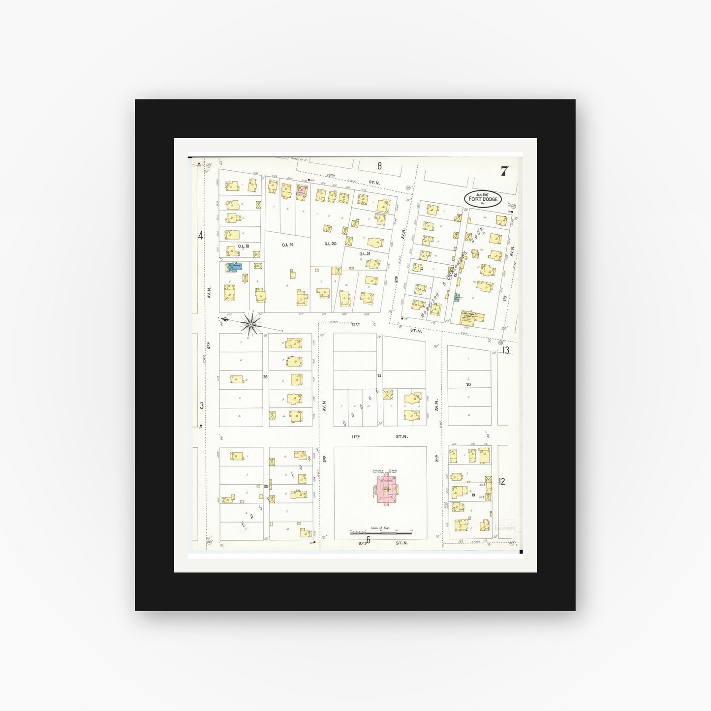 Old map wall art mockup — black gallery frame with white mat — Sanborn Fire Insurance Map from Fort Dodge, Webster County, Iowa (1907), Sheet #0007