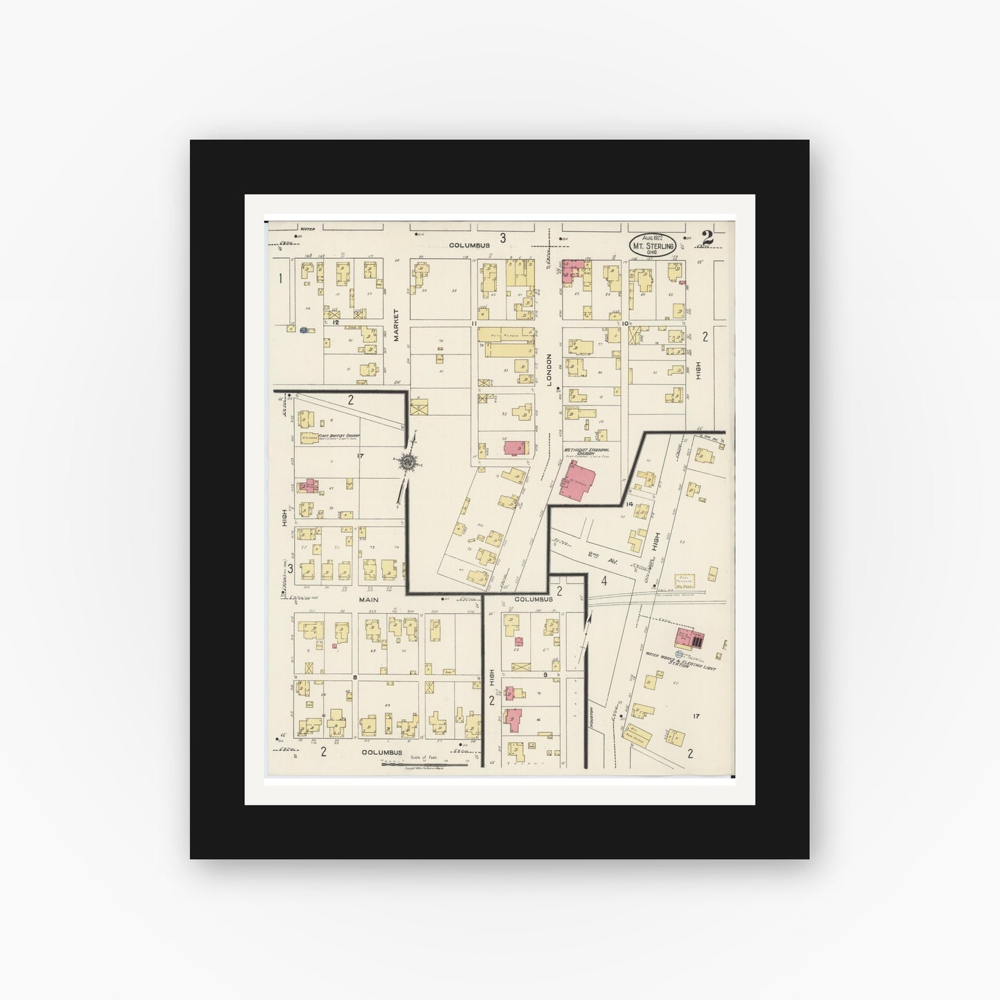 Old map wall art mockup — black gallery frame with white mat — Sanborn Fire Insurance Map from Mount Sterling, Madison County, Ohio (1922), Sheet #0002