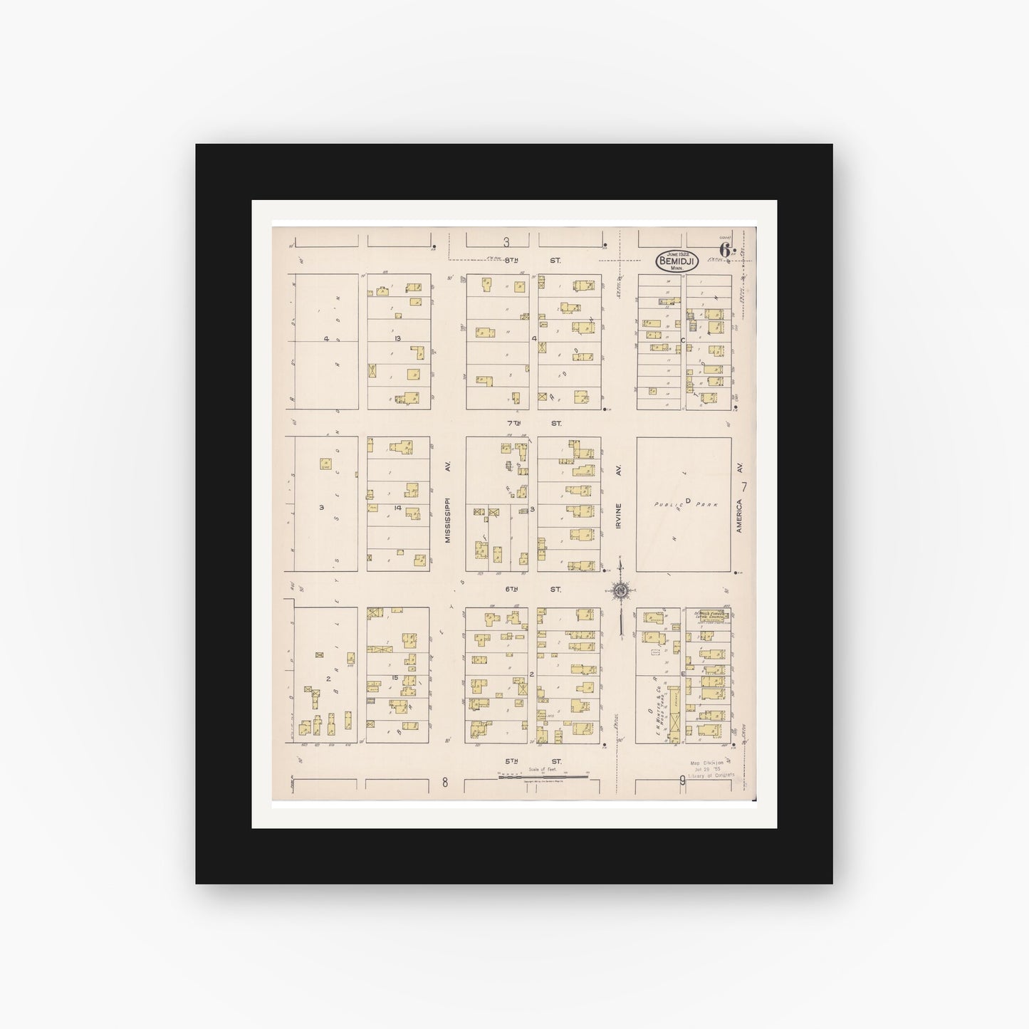 Old map wall art mockup — black gallery frame with white mat — Sanborn Fire Insurance Map from Bemidji, Beltrami County, Minnesota (1922), Sheet #0006