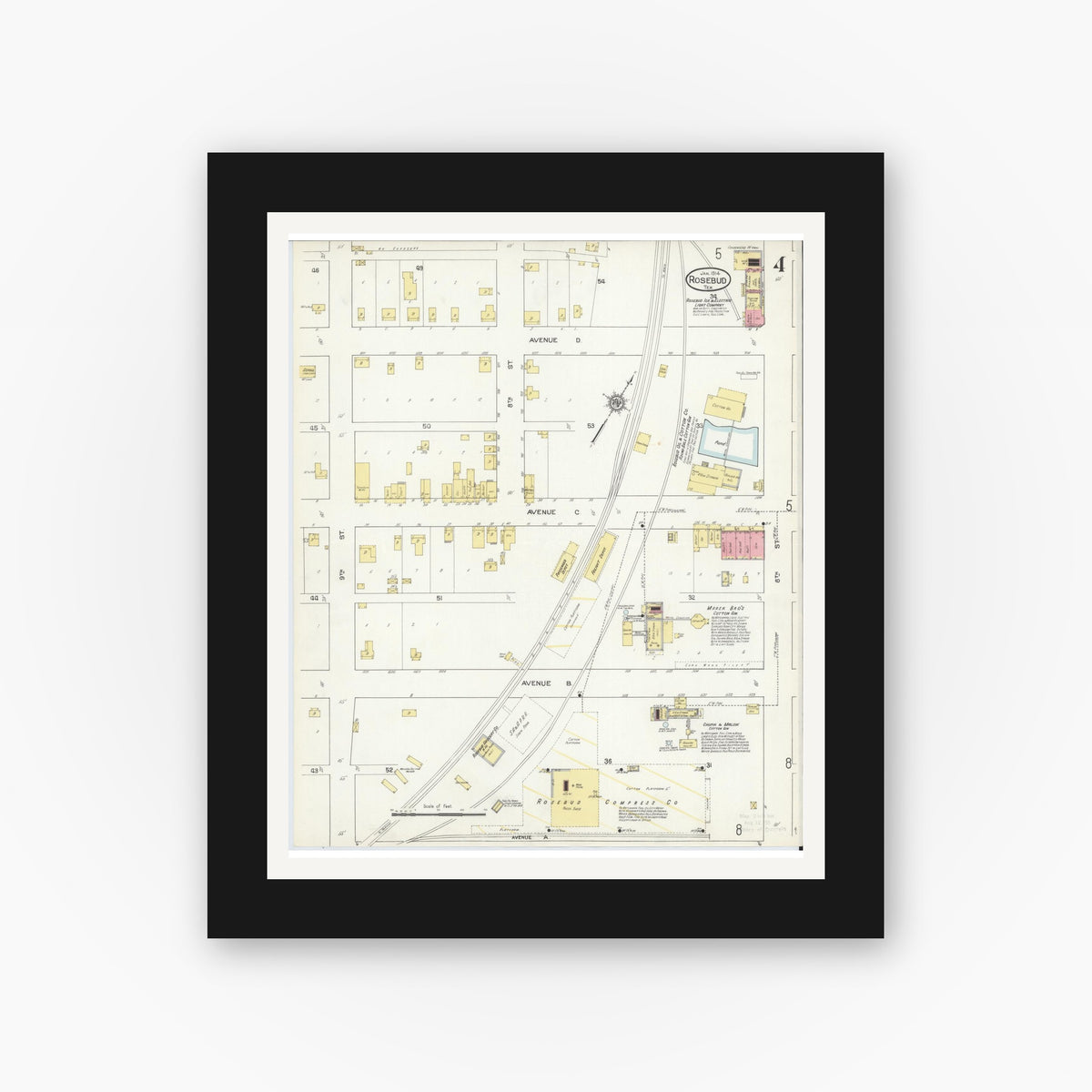 Old map wall art mockup — black gallery frame with white mat — Sanborn Fire Insurance Map from Rosebud, Falls County, Texas (1914), Sheet #0004