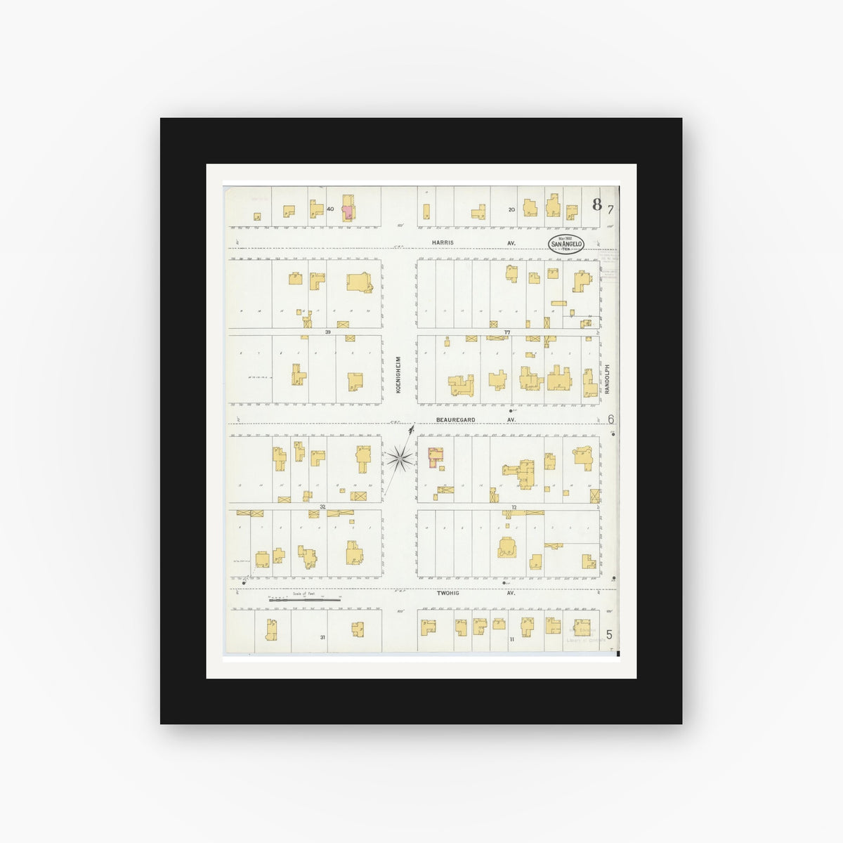 Old map wall art mockup — black gallery frame with white mat — Sanborn Fire Insurance Map from San Angelo, Tom Green County, Texas (1900), Sheet #0008