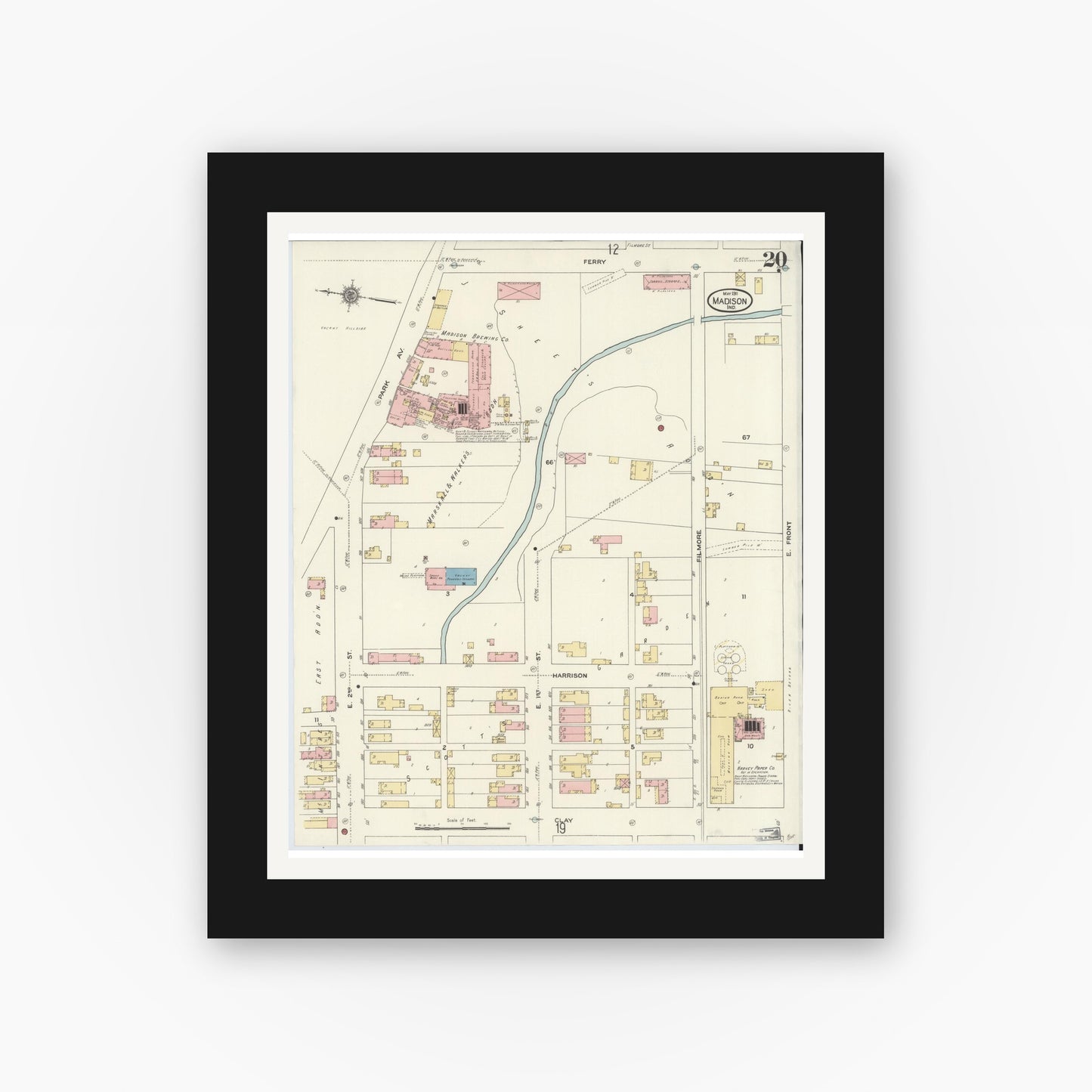 Old map wall art mockup — black gallery frame with white mat — Sanborn Fire Insurance Map from Madison, Jefferson County, Indiana (1911), Sheet #0020
