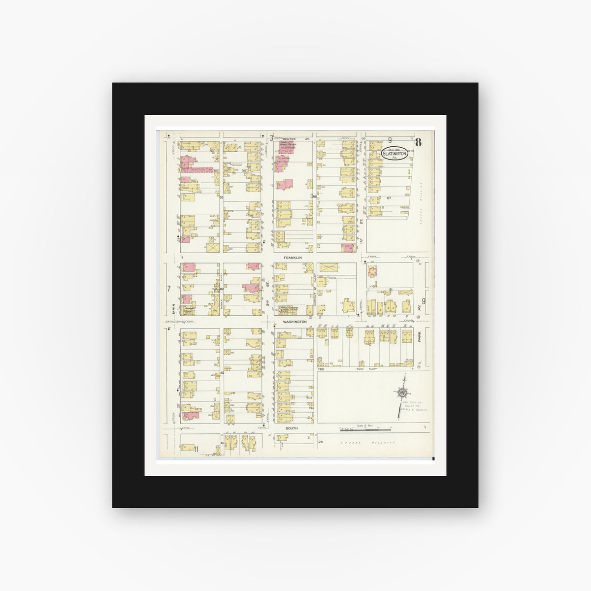 Old map wall art mockup β black gallery frame with white mat β Sanborn Fire Insurance Map from Slatington, Lehigh County, Pennsylvania (1913), Sheet #0008