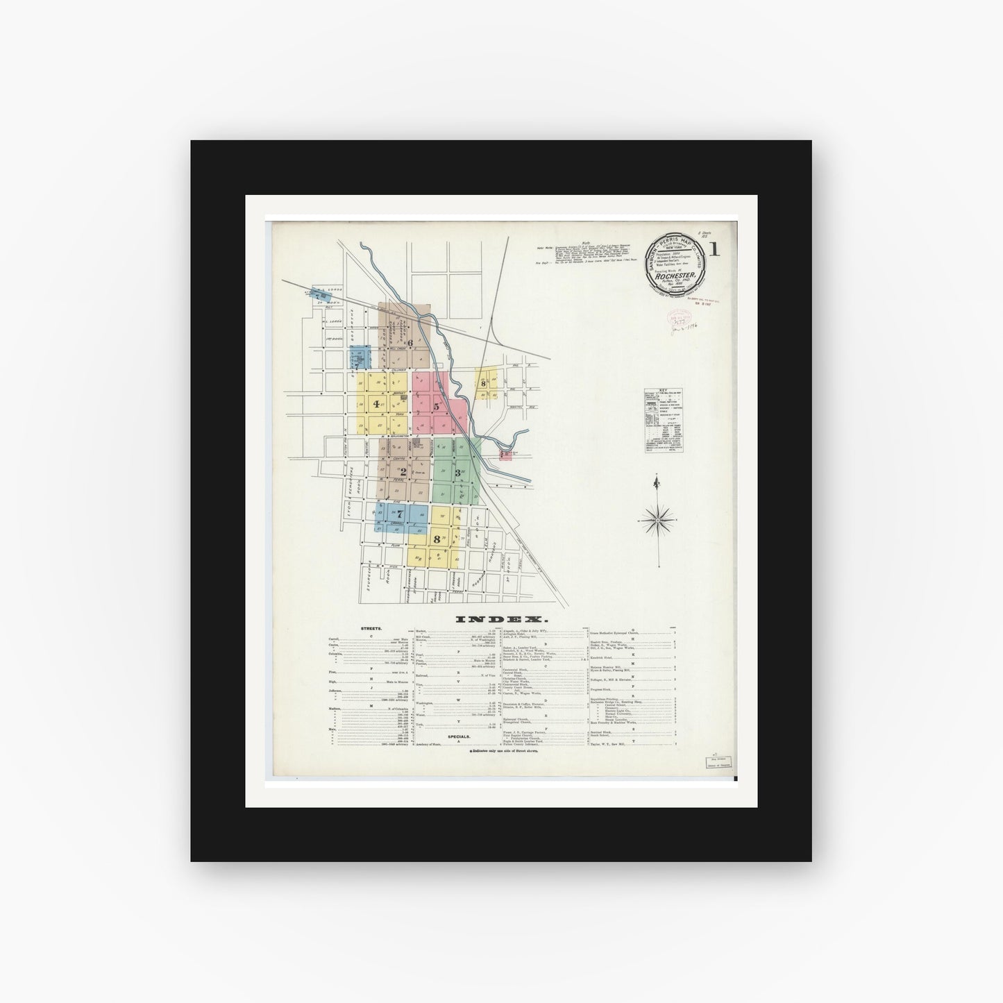 Old map wall art mockup — black gallery frame with white mat — Sanborn Fire Insurance Map from Rochester, Fulton County, Indiana (1895) - Complete Map Set